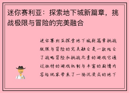 迷你赛利亚：探索地下城新篇章，挑战极限与冒险的完美融合