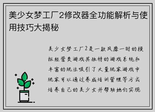 美少女梦工厂2修改器全功能解析与使用技巧大揭秘
